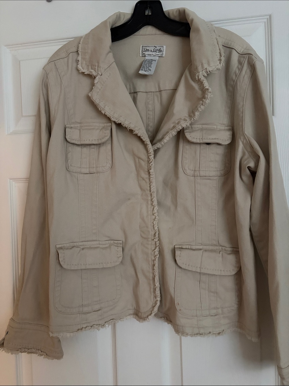 Live a Little Light Beige Frayed-Edge Utility Jacket